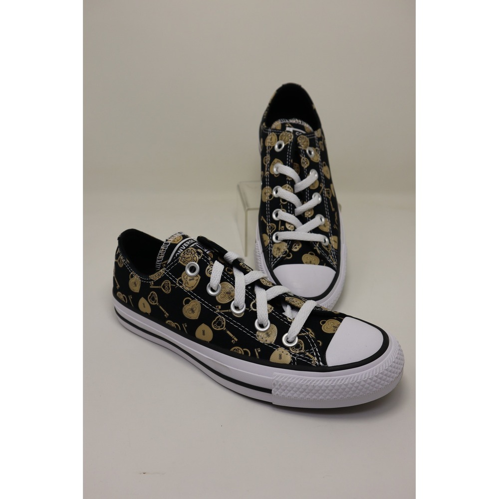 Converse Chuck Taylor All Star Low Womens 6 Black Gold Locks Keys Print NWOB